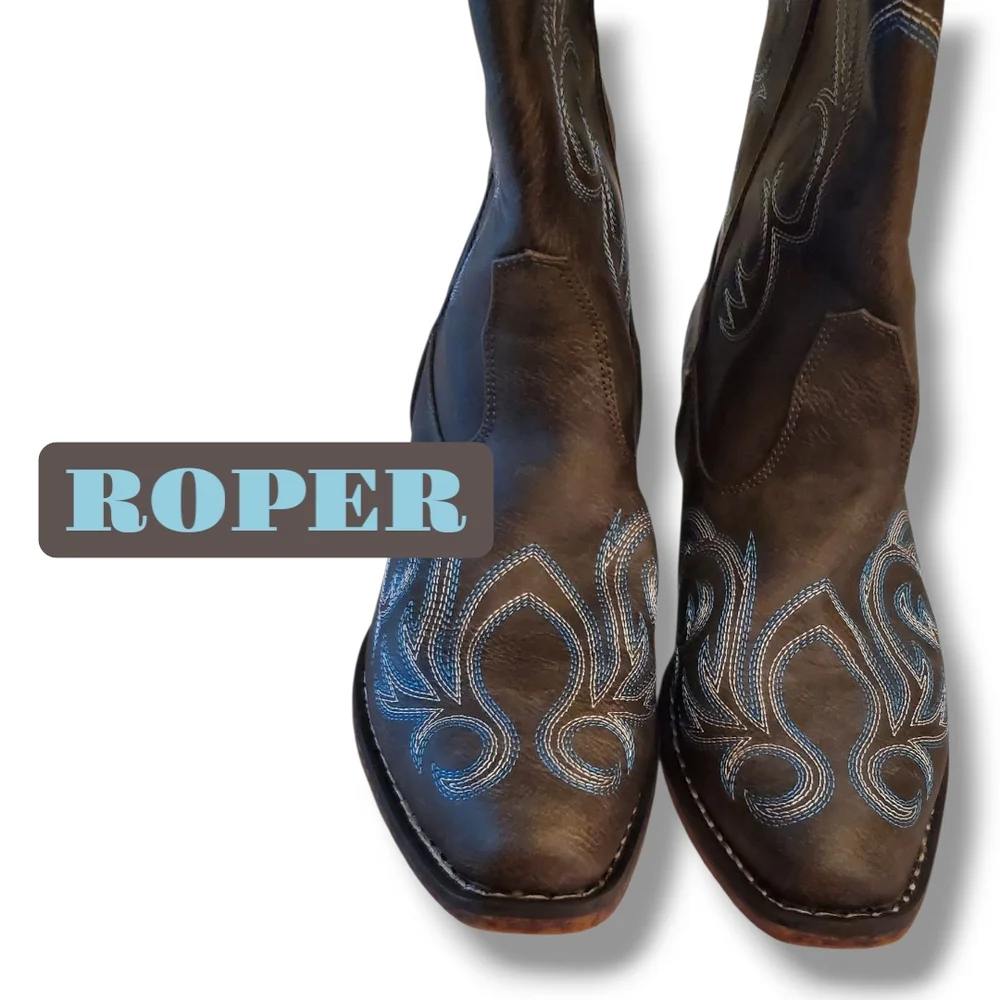 Roper Brown Cowgirl Western Boots with Blue Accents New Women's Size 8.5 - Picture 9 of 10